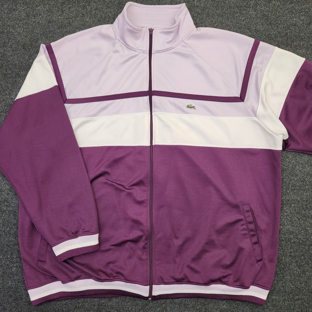 Lacoste Mens Size 10 Size 4XL Purple White Warm Up Track Striped Jacket Full Zip